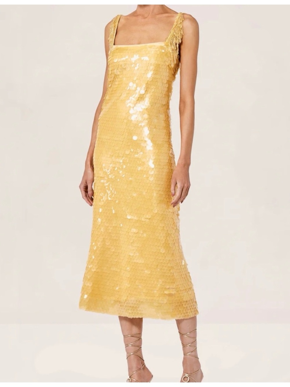 Alexis Felici Yellow Marigold Midi Dress with Fringe Straps